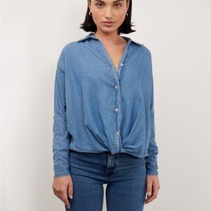 Young Fabulous & Broke Denim Twist Hem Western Rustic Casual Chic Blouse